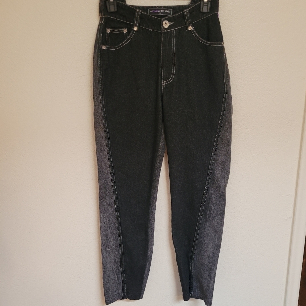 Maniere De Voir Black Two Tone Jeans With Leather Trim and Zip Ankles